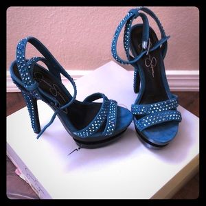 Turquoise suede platform shoes crystal embellished